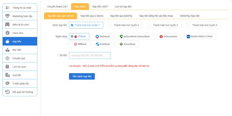 Nạp tiền Vz99 qua hình thức ví điện tử